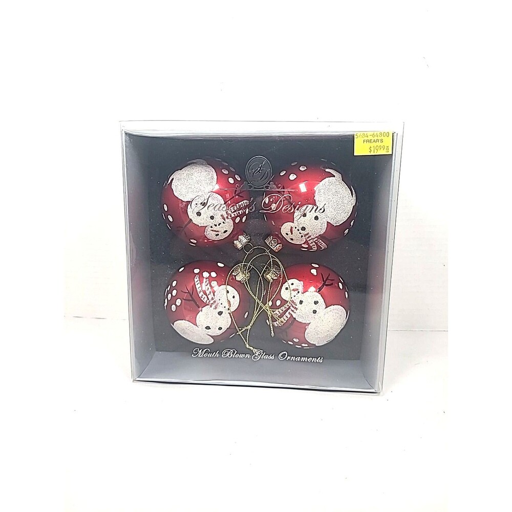 Vintage Season’s Designs Mouth Blown Glass Ornaments Red W/Skating Snowmen 4pc